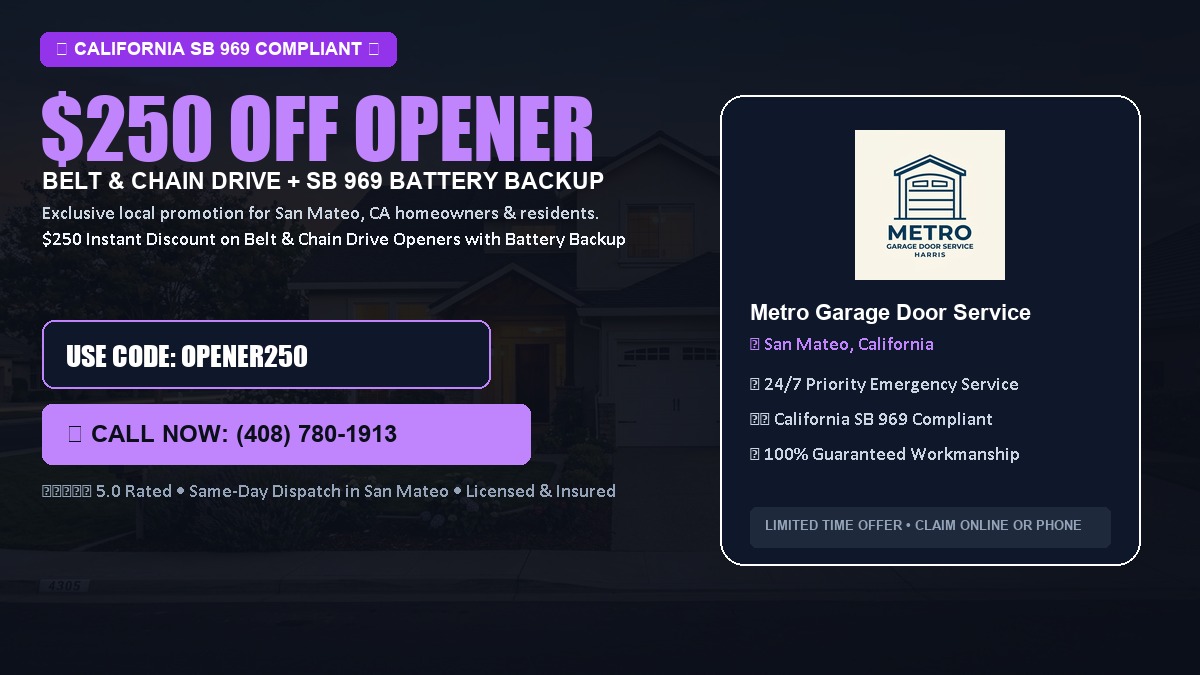$250 OFF Smart Garage Door Opener Installation (Belt & Chain Drive with California SB 969 Battery Backup) in San Mateo, CA